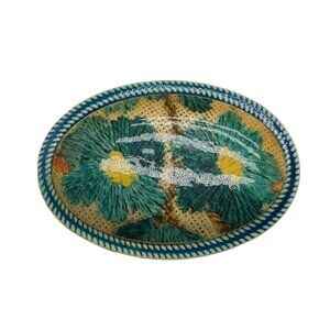 Vintage Plastic Floral Brooch Oval Green Yellow Flowers 2" Handcrafted Japan